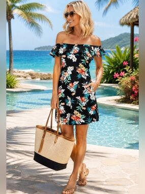 Tommy Bahama Tropical Floral Off-the-Shoulder Swim Cover-Up Size Small Petite